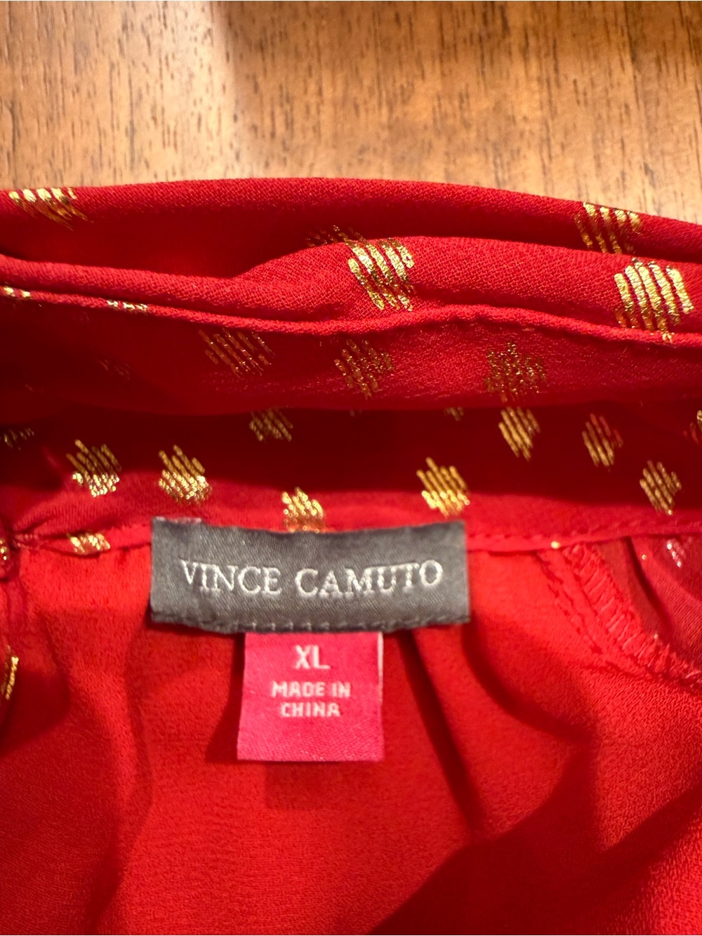 Vince Camuto Red With Gold Dot Button Neck Flutter Sleeve Blouse - Picture 6 of 8